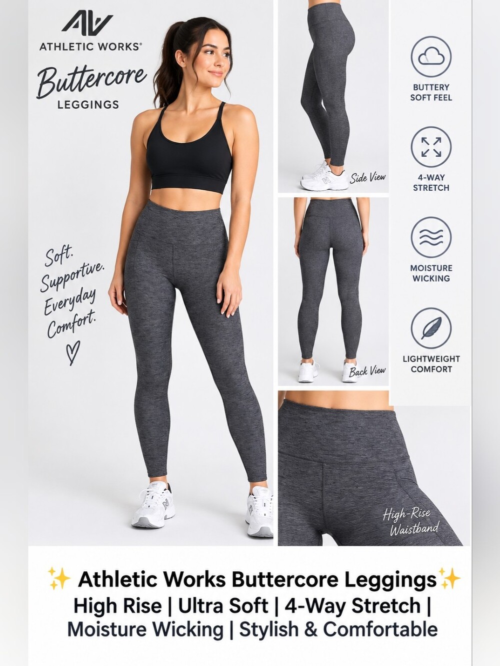 Athletic Works Buttercore High-Rise Leggings — Charcoal Heather